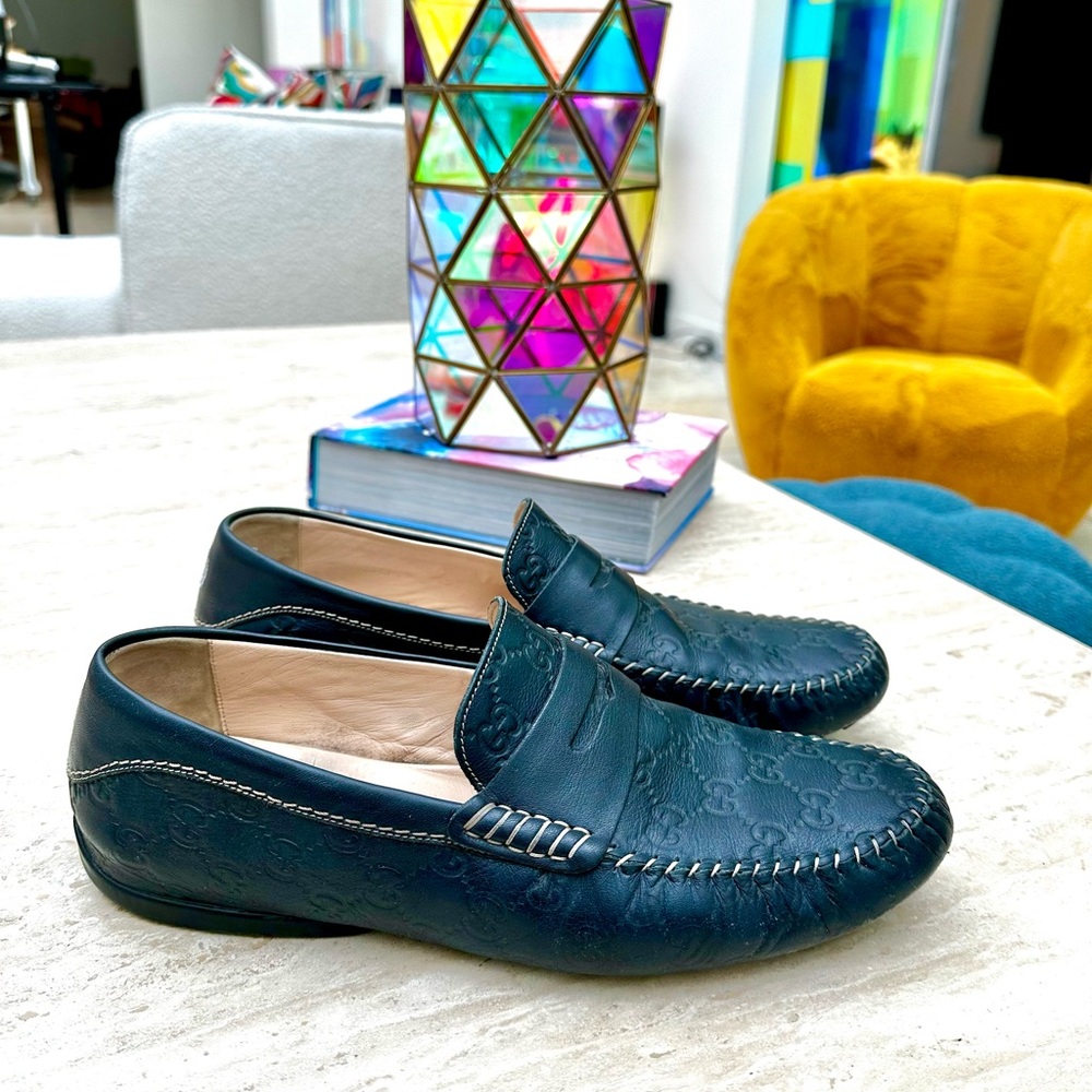 Gucci Men's Monogram Navy Leather Loafers! Sz 10.5